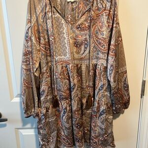Entro Brown and Cream Paisley Long Sleeve Dress